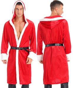 Mens Christmas Hooded Plush Robe Xmas Santa Long Bathrobe with Belt Costume