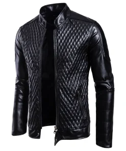 Mens Leather Spring Autumn New Diamond Design Stand Collar Zipper Streetwear Leather Jacket