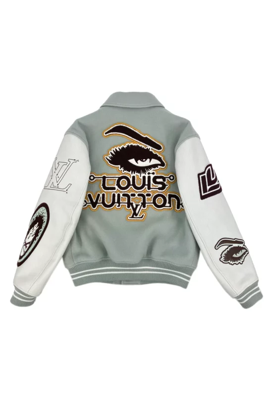  Unisex Louis Vuitton 2023 Patchwork Varsity Jacket Gray & White